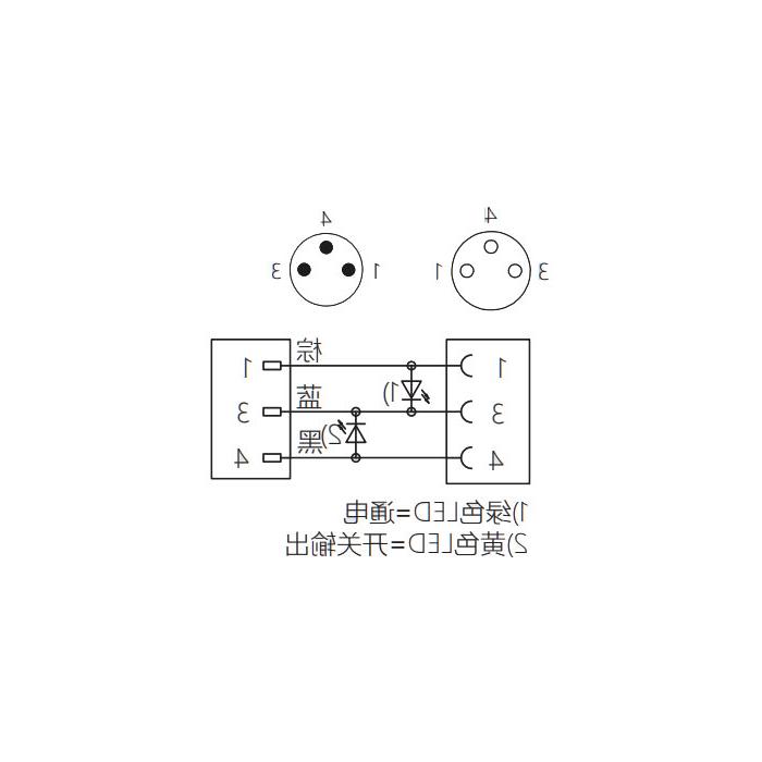 M8 3Pin, female 90° with LED light turn male straight, double end pre-cast PVC non-flexible cable, gray sheathing, 63D083-XXX 