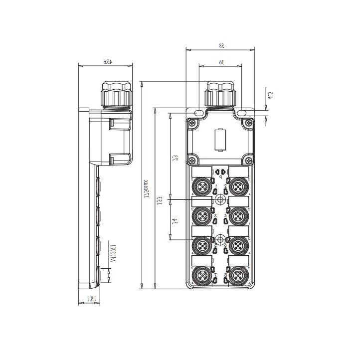 M12 junction box, single channel, Without LED, 8-port split, PCB terminal with plug, 24W8SE