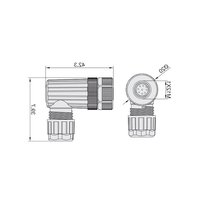 M12 8Pin, female 90°, screw connection, 64F401